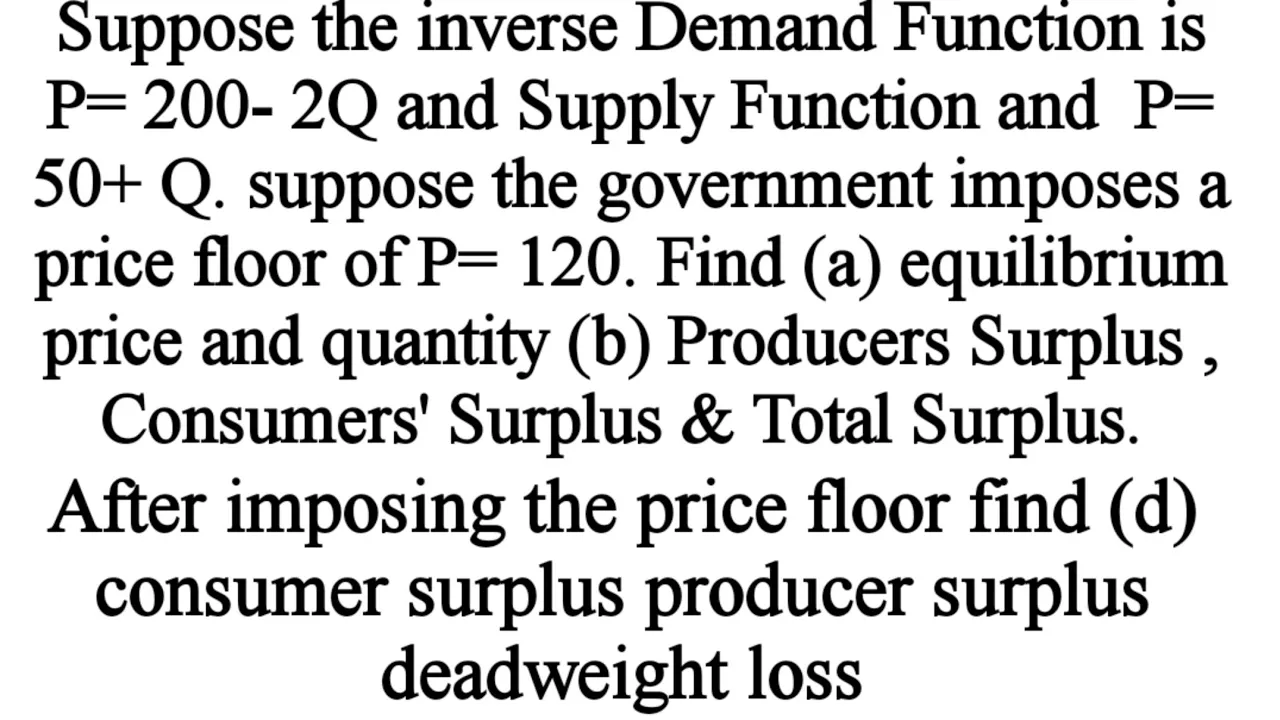 Consumers 'surplus Producers' Surplus , Total surplus, deadweight loss with price floor