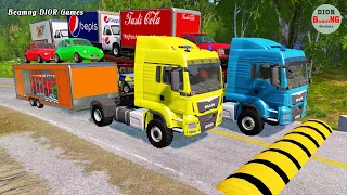 Download Double Flatbed Trailer Truck cars vs rails tractor vs train cars vs bollards Beamng Drive 314 MP3