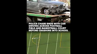 Police Chase Ends With Car Driving Across Football Field Basketball Court And Crashing Into School 