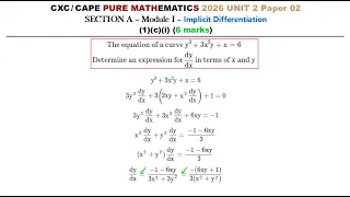 Implicit Differentiation ~ CXC/CAPE Pure Maths (U2+P2, 2026-1c)