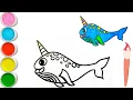 How to draw a Narwhal Painting Colouring for Kids How to draw Sea animals step by step easy