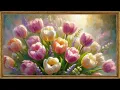 Dreamy Tulips Painting Spring TV Art Wallpaper 4K Gold Frame TV Screensaver Elegant Wall Art