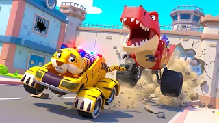 Oh no! T-Rex Truck escapes from JAIL! Tiger Police Car to the rescue! | Cars Rescue Squad