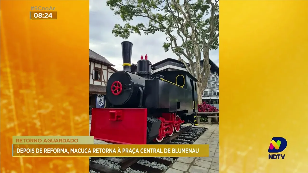 Locomotiva 'Macuca' retorna à praça central e ganha posição de destaque na cidade de Blumenau
