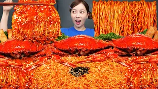 Mukbang ASMR Spicy Crab Seafood Boil Enoki Mushrooms Korean Fire Noodles Recipe Ssoyoung