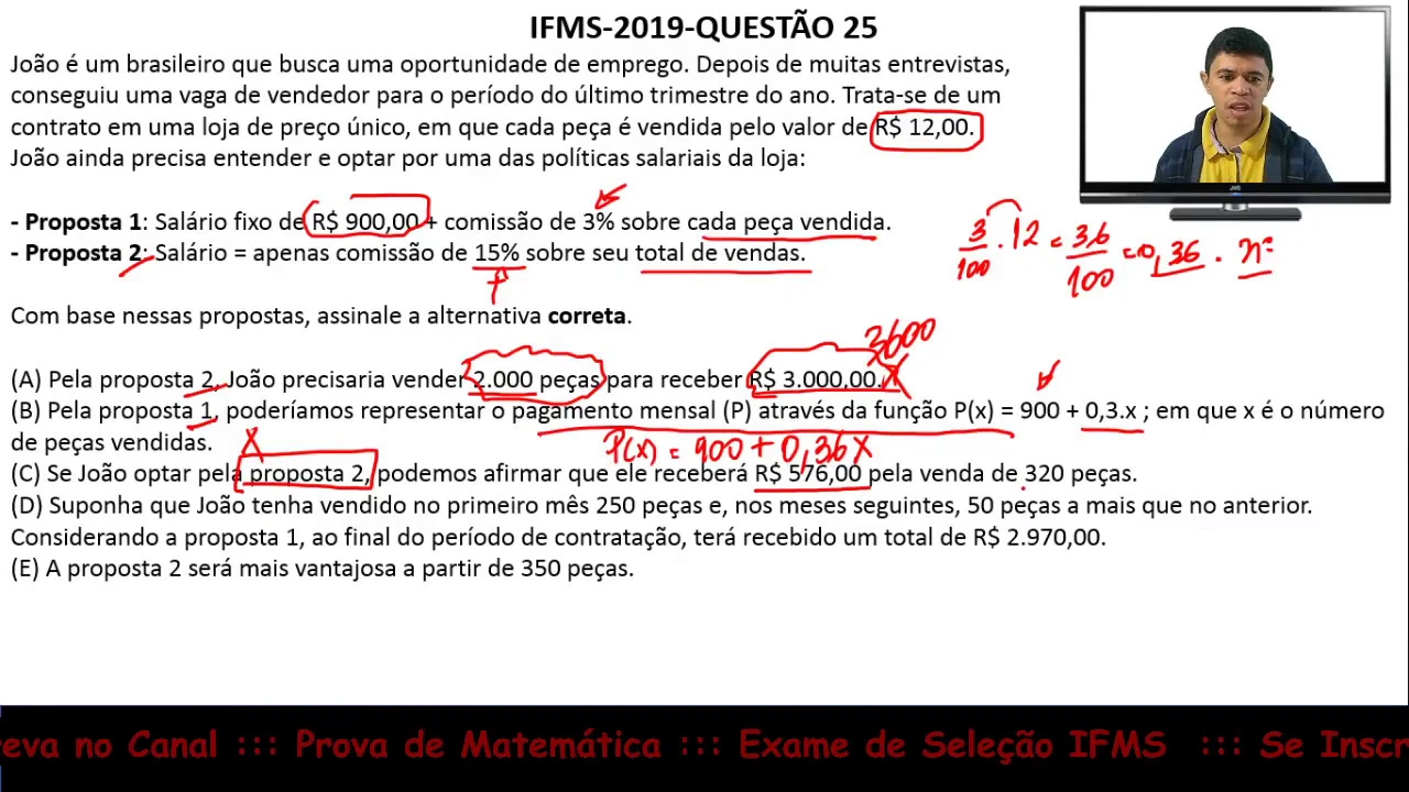 Porcentagem e Função do 1°Grau #IFMS 2019 Q25 Prova de Matemática Exame de Seleção