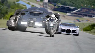 Kawasaki Ninja H2 vs Monster Batmobile vs Bugatti La Voiture Noire at Old Spa