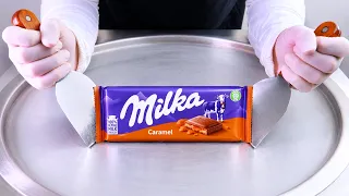 Milka Chocolate Caramel ice cream rolls street food - ايس كريم رول ب ميلكا كراميل شوكلت