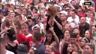 Big bouncing tits girl on music festival