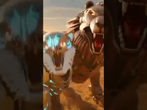 A battle between a lion robot and a tiger robot on the grassland