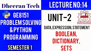 GE8151 PROBLEM SOLVING AND PYTHON PROGRAMMING PSPP Manojkumar Lectures boolean dictionary set