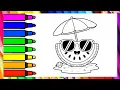 Cute Watermelon Beach Coloring Page for Kids Summer Fruit Coloring Sheet