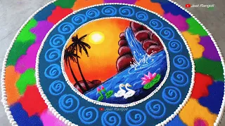 beautiful scenery rangoli with multicolored design for diwali