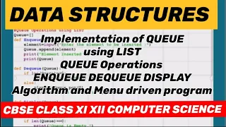 DATA STRUCTURES Implementation of QUEUE using LIST QUEUE Operations ENQUEUE DEQUEUE DISPLAY
