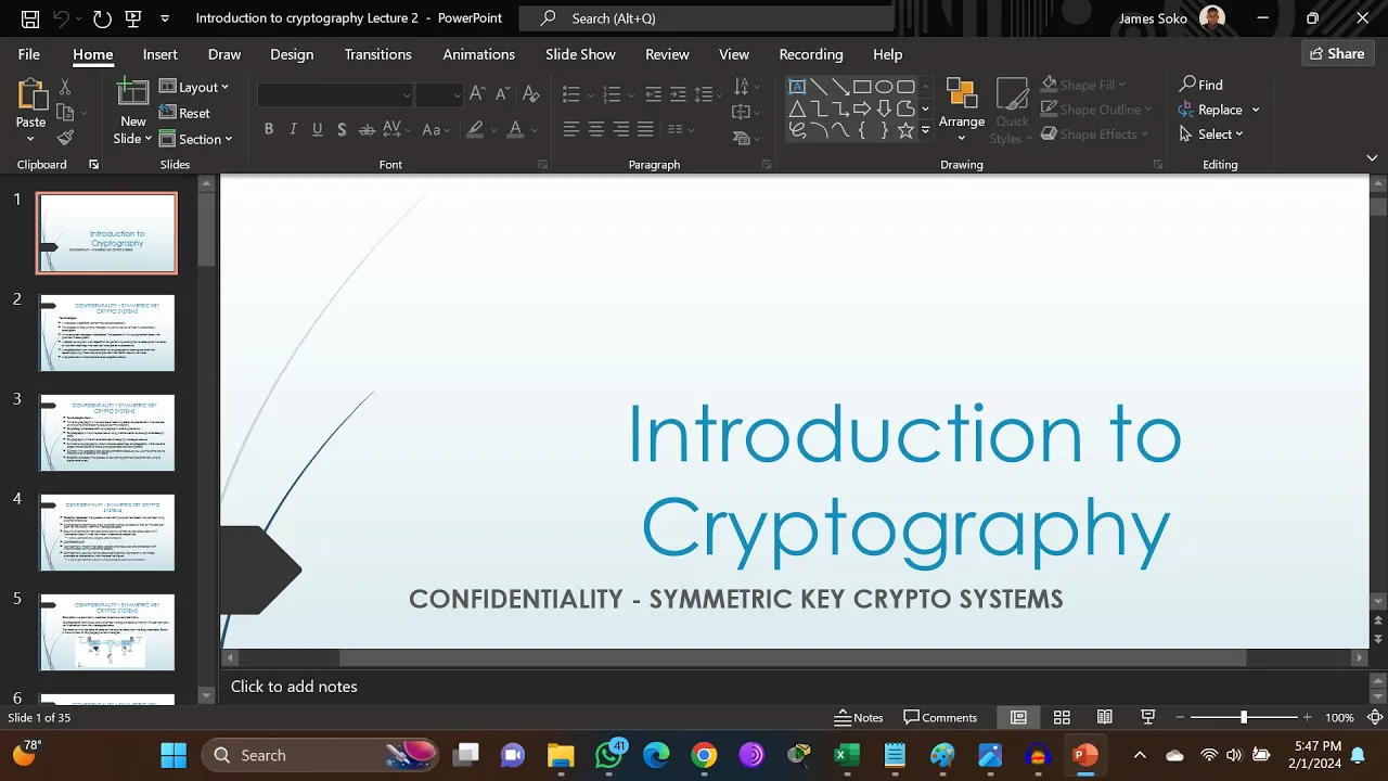 Cryptography - Class 2 (Confidentiality - Symetric Key Crpto Systems) [08:00 Session at KMU]