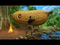 Download Lagu “Alone in the Woods: I Built a Giant Shelter from Banana-Shaped Soil!”