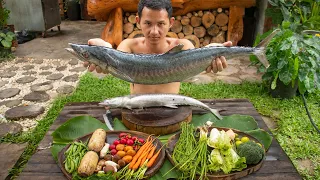 Steam Big Sea Fish With Fresh Vegetable Eating Delicious