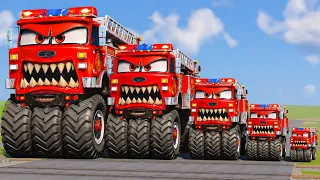 Big & Small Lightning Mcqueen FireTruck Monstertruck vs Train | BeamNG.Drive