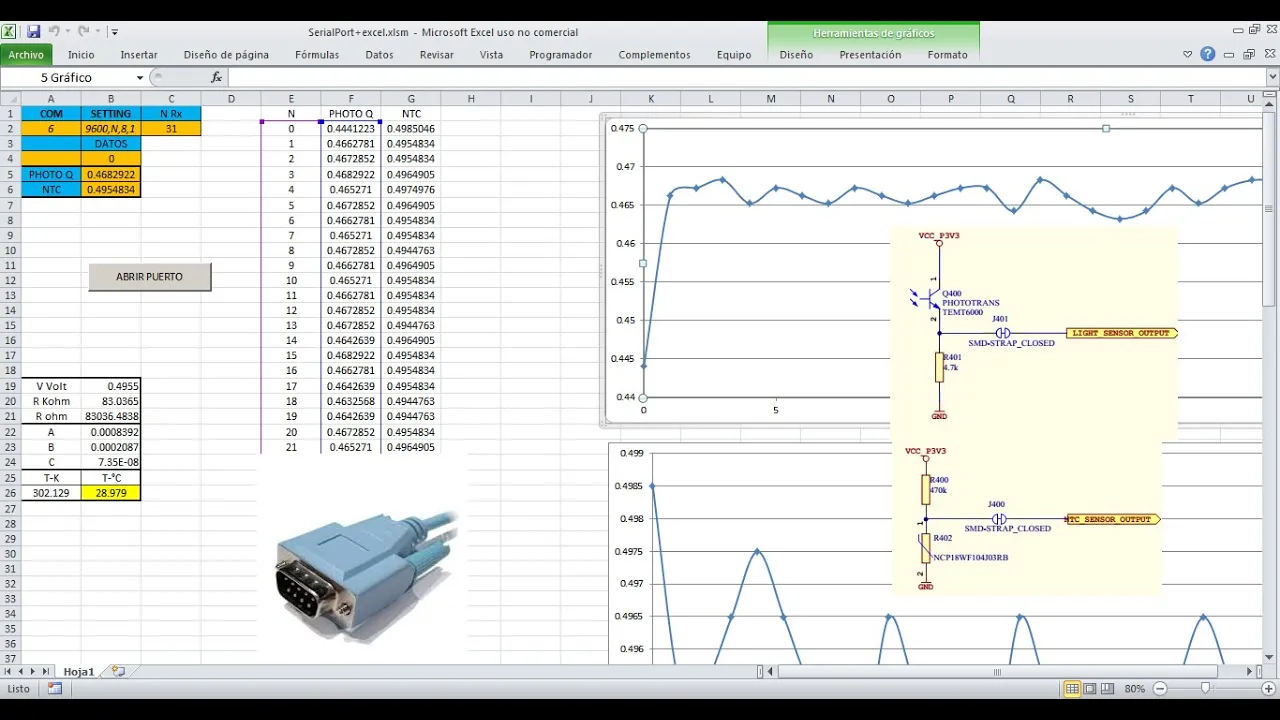 SerialPort + Excel + AVR +Xmega+NTC+Phototransistor