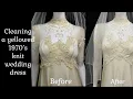 A yellowed and stained 1970’s knit wedding dress and veil are cleaned and wearable once again. 