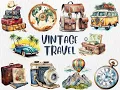 Watercolor Vintage Travel Clipart Suitcase Camera Summer Vintage Travel Backpack Illustrations