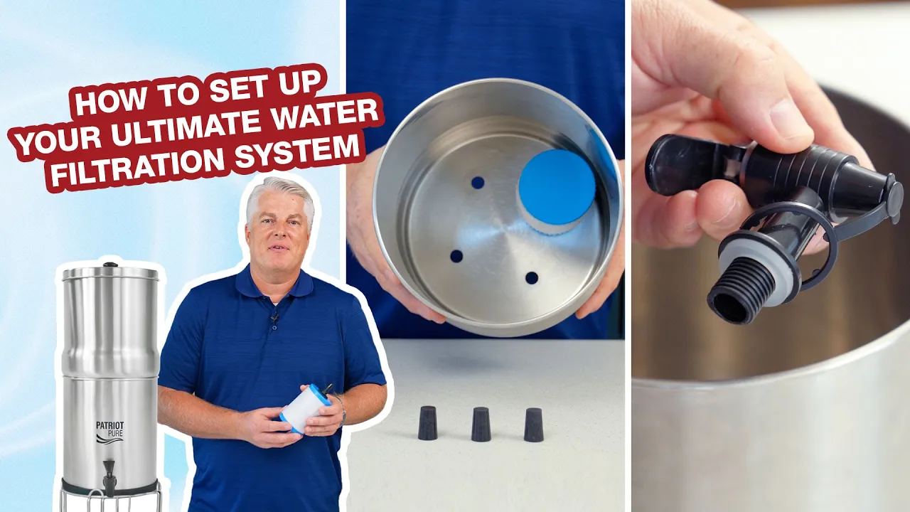 Visual step-by-step guide to setting up a 4Patriots water filtration system. Includes a stainless steel Patriot Pure unit, filtration cartridge, rubber stoppers, and spigot, with a man in a blue polo demonstrating the process. Bold header reads, “How to Set Up Your Ultimate Water Filtration System.”