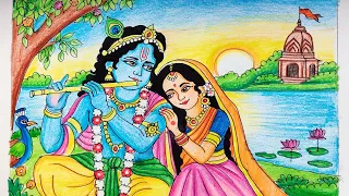 How to draw a beautiful drawing of Radha Krishna with a beautiful scenery/ Radha Krishna drawing