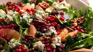Pomegranate Salad - with Spinach, marinated kale, honey candied walnuts and blue cheese
