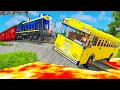 Cars vs Lava Crosses Road | Red Bus Crosses Rails And Lava | BeamNG.Drive