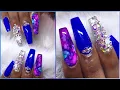 Watch Me Work Royal Blue Coffin Acrylic Nails Tutorial Alcohol Ink Marble and Swarovski Crystals