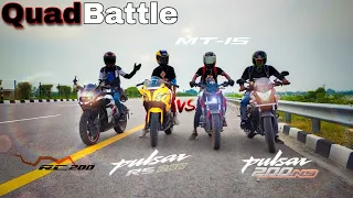 ktm rc200 vs pulsar rs200 vs yamaha mt 15 vs pulsar ns200 drag race bs 6 quad battle top end