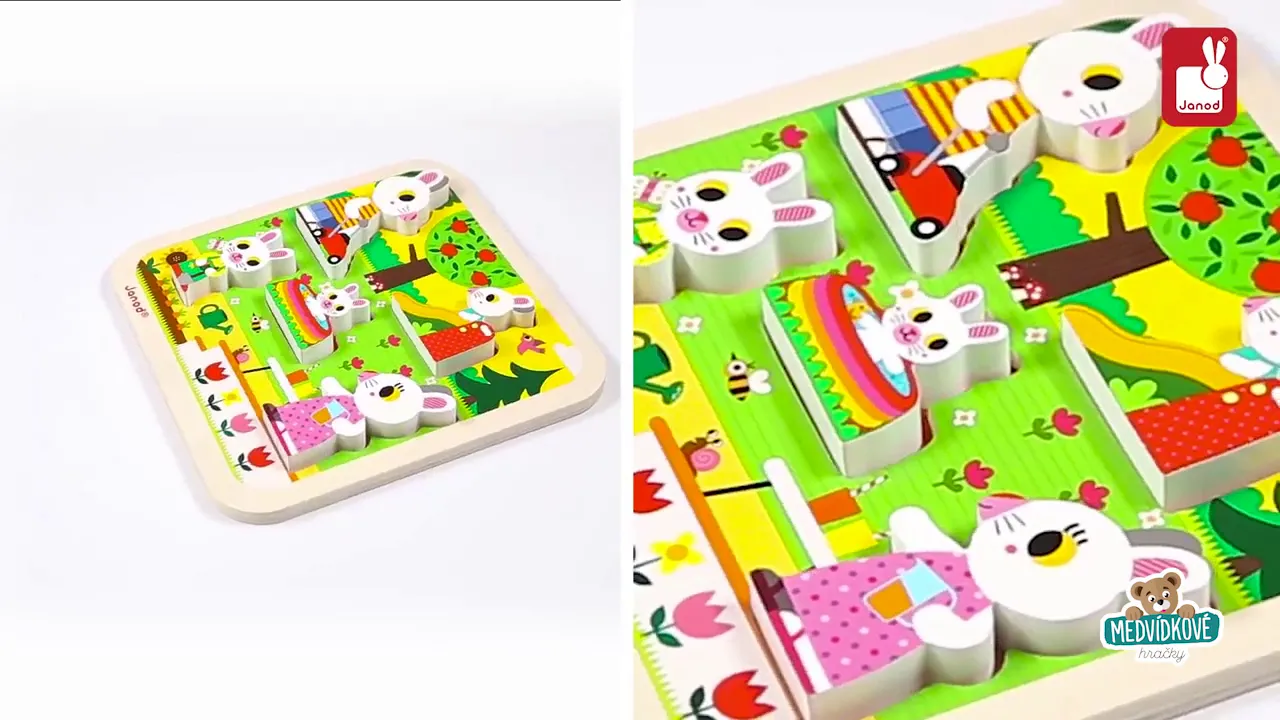 Puzzle pro nejmenší - Dřevěné puzzle Zajíci na zahradě Chunky Janod - 4