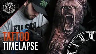 Tattoo Timelapse Realism in Black and grey - Bear with mountain
