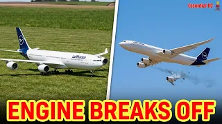 Near Disaster as RC Lufthansa Airbus A340 Airliner engine detaches mid-flight !