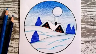 رسم منظر طبيعي بالألوان رسم منظر ثلج و أشجار رسم فصل الشتاء رسم سهل تعلم رسم منظر طبيعي رسم 