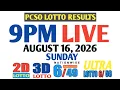 Lotto Result Today 9PM Sunday pcso 2d 3d swertres ez2 August 16 2026