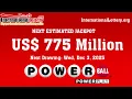 Powerball lottery result on December 02 2025 - Jackpot is 775 million now