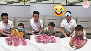 Father and son blindfolded money-blowing challenge! They both cheated 😂