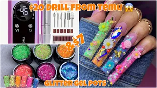 TRYING OUT AFFORDABLE TEMU DRILL GLITTER POTS KAWAII ACRYLIC NAILS