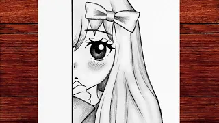 كيفية رسم فتاة أنمي لطيفة بفيونكة شعر رسم تخطيطي سهل بالقلم الرصاص للمبتدئين 