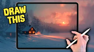 PROCREATE Landscape Drawing Tutorial - SNOW CABIN in easy steps