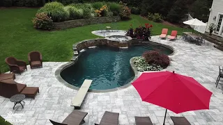 Bergen County Free Form Gunite Pool with Raised Spa and Sheer Descent Water Feature