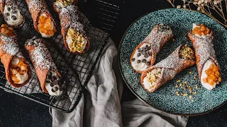 Sicilian Cannoli with Chocolate Chips and Pistachios. 