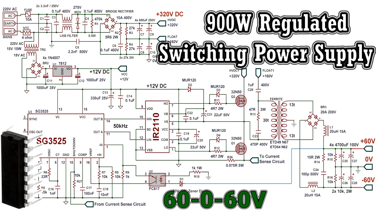 SG3525 Regulated Switch Mode Power Supply (SMPS) with dual Output Voltage for High Power Amplifier