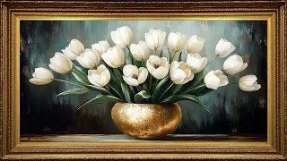White Tulips in Gold Vase, Vintage Oil Painting 4K UHD | Framed Art Screensaver for TV