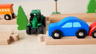Wooden Train & Toy Cars and a tractor are playing train games | Toy Railway Adventure for Kids