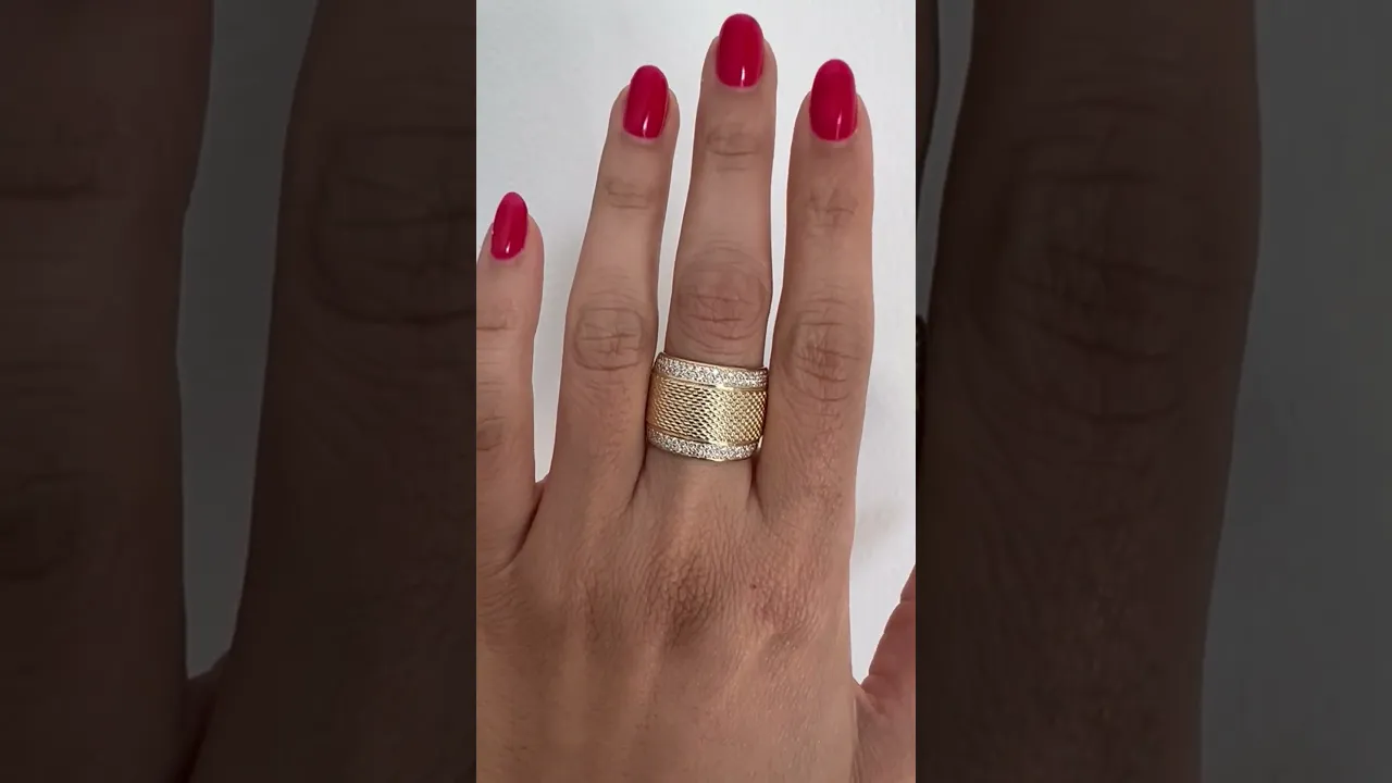 14K Yellow Gold Classic Wide Patterned Border Cigar Diamond Band Ring