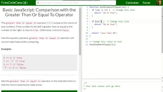 Basic JavaScript Comparison with the Greater Than Or Equal To Operator free code camp Dani
