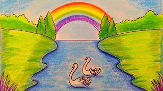 رسم منظر طبيعي رسومات سهلة وجميلة رسم سهل رسم منظر طبيعي بالالوان الخشبية تعليم الرسم 