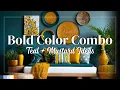 Teal and Mustard Color Combo Ideas for Small Apartment Living Rooms With Boho Maximalist Style